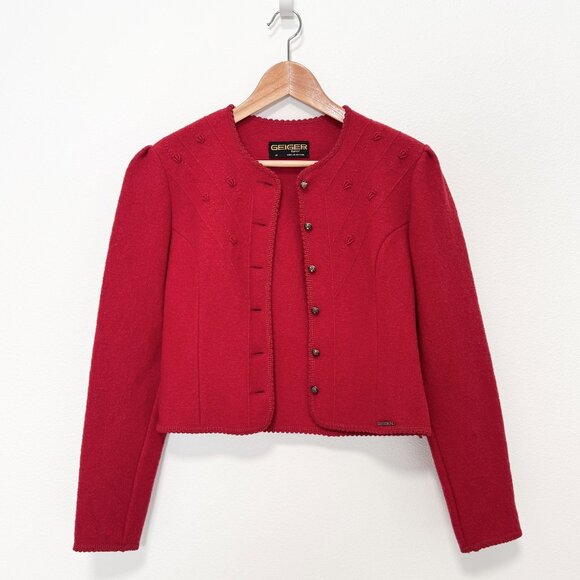Vintage Geiger Tyrol Red Boiled Wool Puff Sleeve Jacket Made in Austria Size 38 - Picture 8 of 15